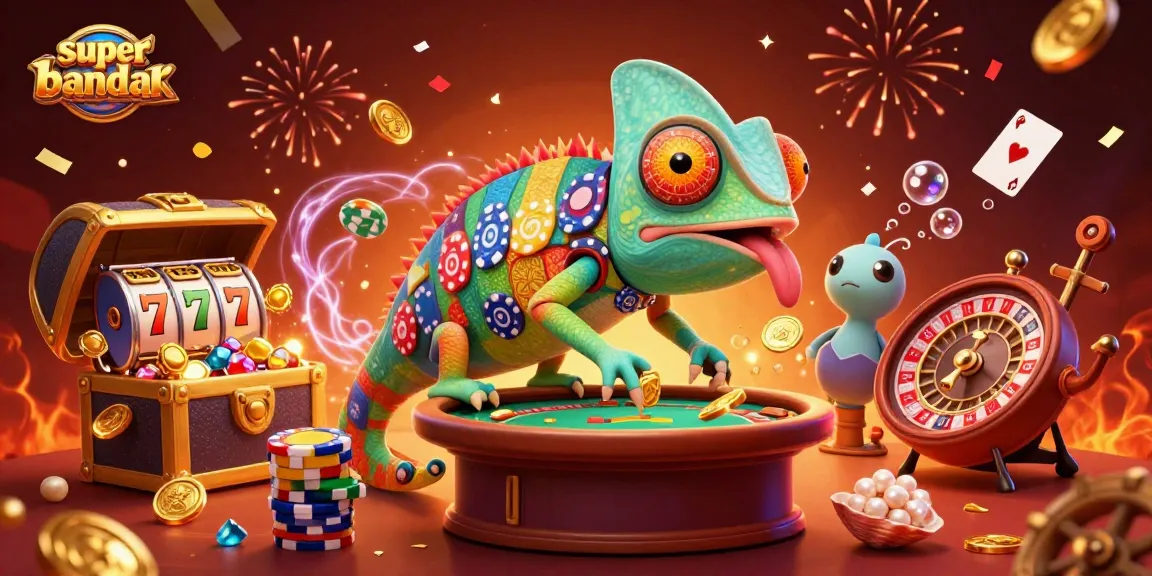 Superbandar menawarkan permainan kasino seru dengan chameleon pemilik kasino dan elemen mesin slot yang berkilau.
