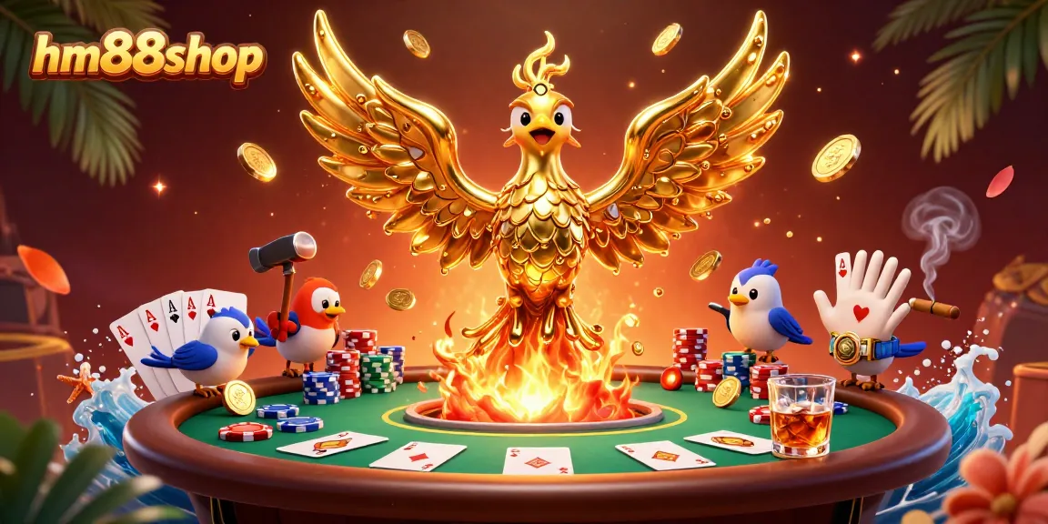 Experience thrilling poker adventures with hm88shop's dynamic golden phoenix and poker scene illustration.