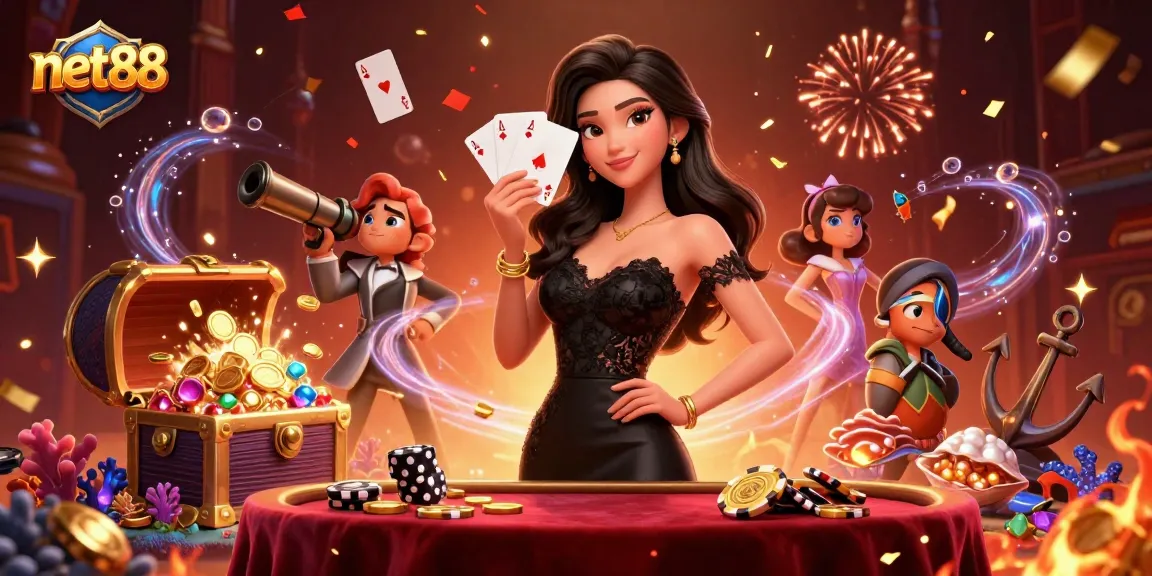 Play cards and win with net88, featuring a glamorous Asian woman in a luxurious casino atmosphere.