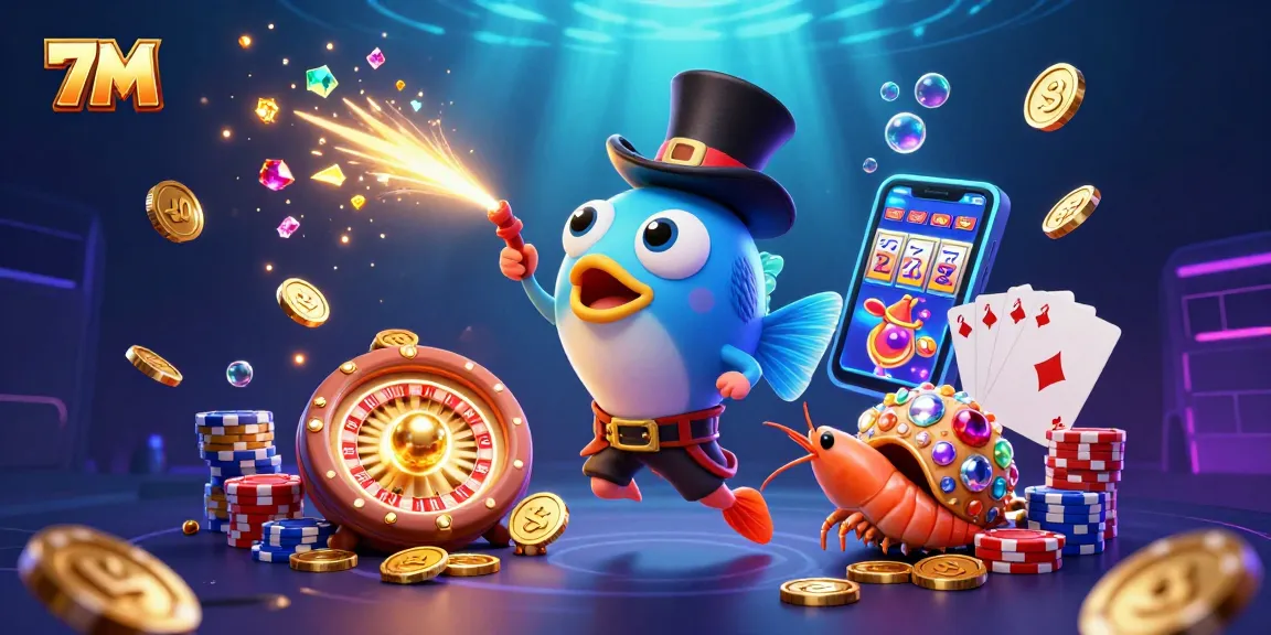 Experience the excitement of 7M with a dynamic casino illustration featuring animated characters and gambling elements.