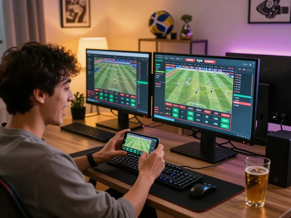 SC88 user placing exciting bets on live sports events through a smartphone in a modern gaming setup