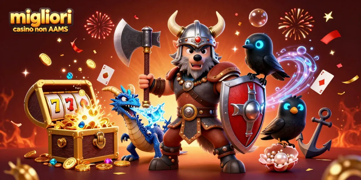 I migliori casino non AAMS presentano un guerriero vichingo e un drago in un'illustrazione coinvolgente.