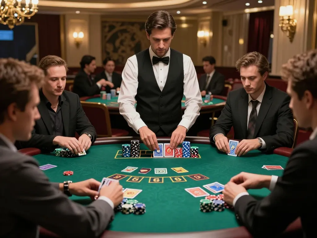 Engaged players at a keonhacai blackjack table, showcasing strategic gameplay and player excitement.