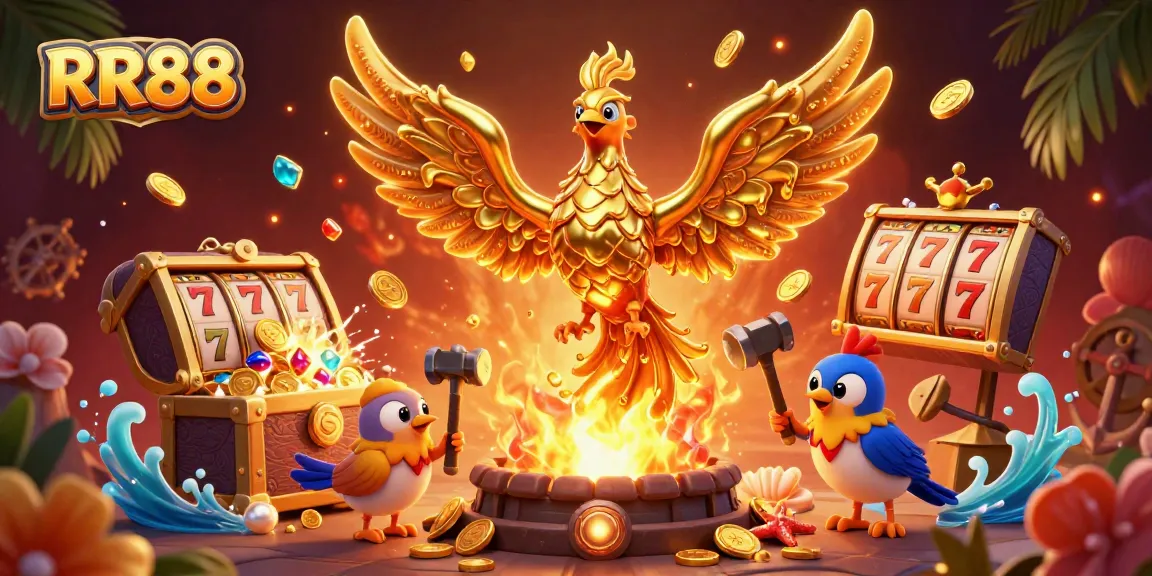 Win big at RR88 with a molten gold phoenix, glowing gems, and dynamic casino elements.