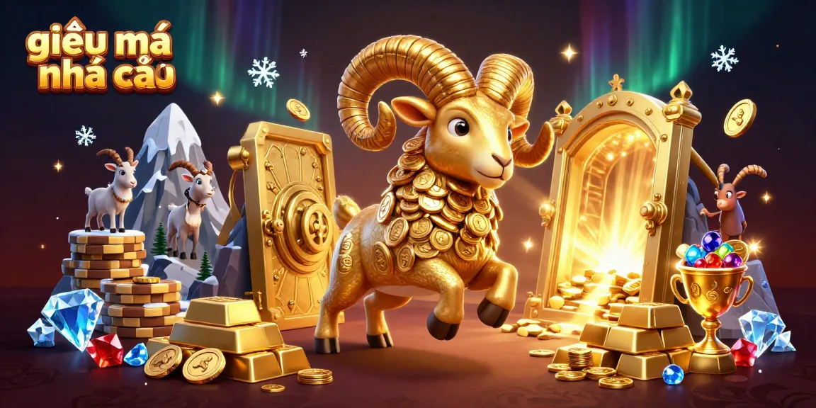 Experience thrilling moments in giải mã nhà cái with a vivid 3D illustration of a golden ram amidst treasure and casino elements.