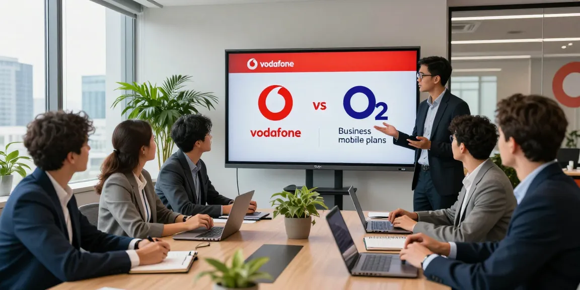 Business professionals discussing Vodafone vs O2 business mobile plans in a modern office.
