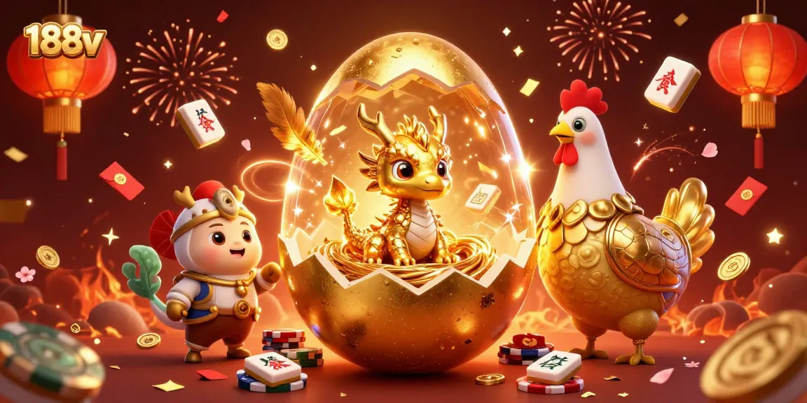 Engage with 188v as a golden dragon hatches amidst poker chips in a vibrant casino scene.