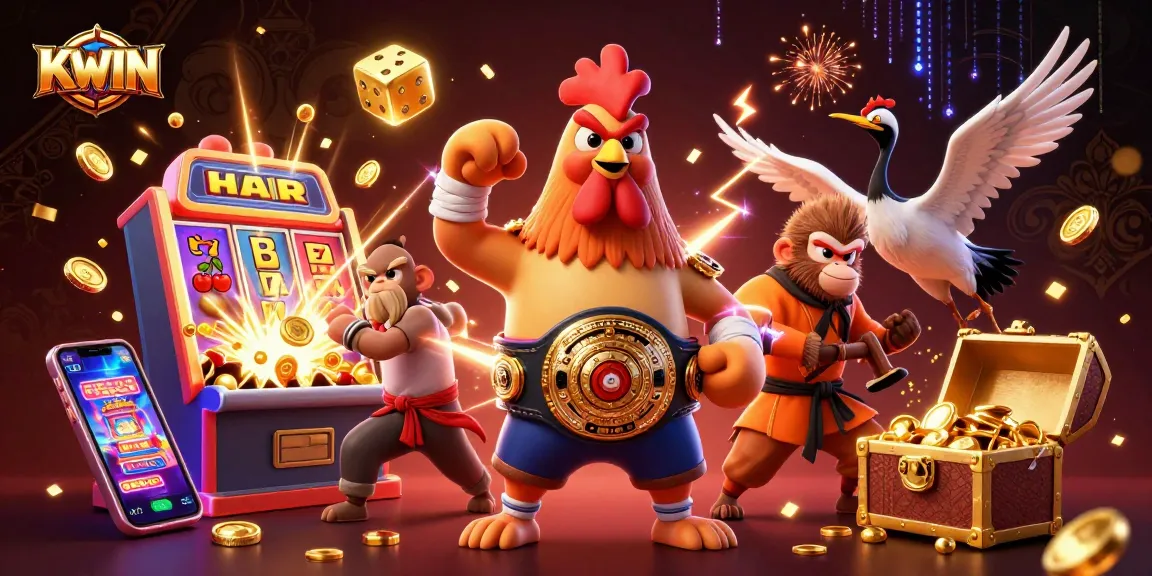 KWIN showcases a thrilling casino scene featuring a Muay Thai rooster and a Shaolin monkey amidst vibrant game elements.