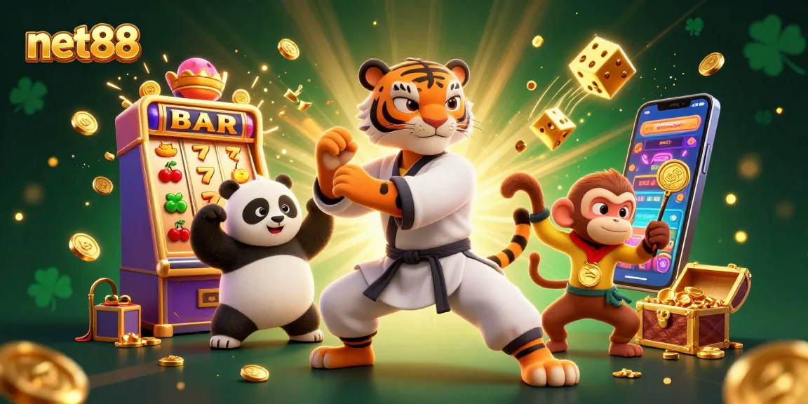 net88 showcases a kung fu tiger and panda in a vibrant casino scene featuring slots, coins, and colorful symbols.