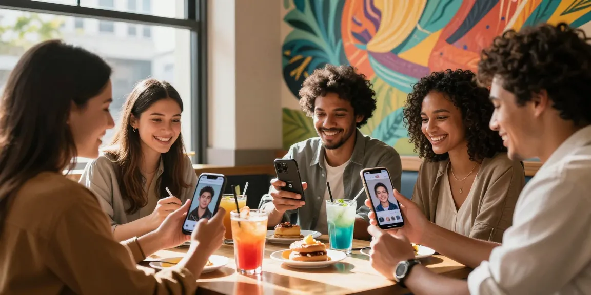 Café friends comparing celebrities that look alike using an AI face identifier app, showcasing joyful interactions.