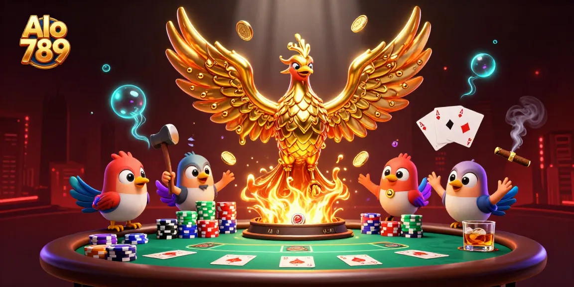Alo 789 players enjoy thrilling poker action with golden phoenix and sparrow assistants amidst vibrant casino ambiance.