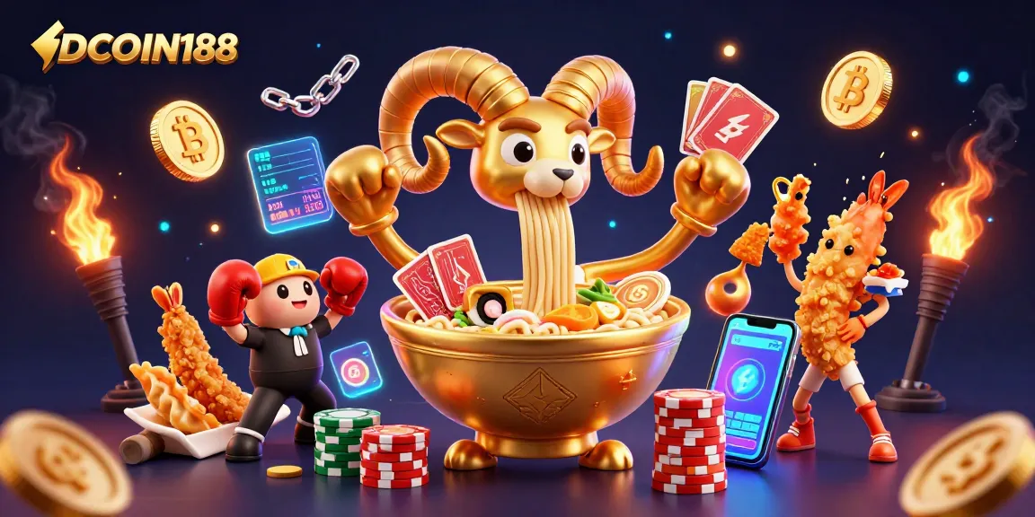 IDCOIN188 showcases a lively casino scene with a golden ramen bowl dealer and dynamic crypto elements.