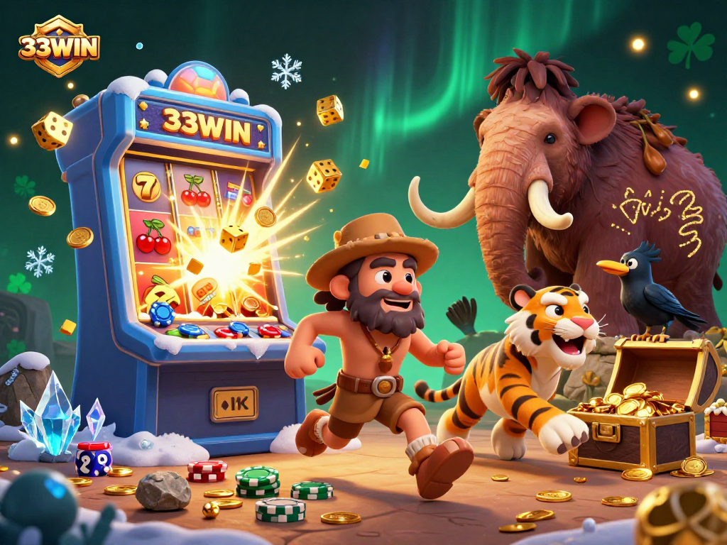 Experience thrilling wins at 33WIN with cartoon cavemen gaming amidst dynamic casino elements.