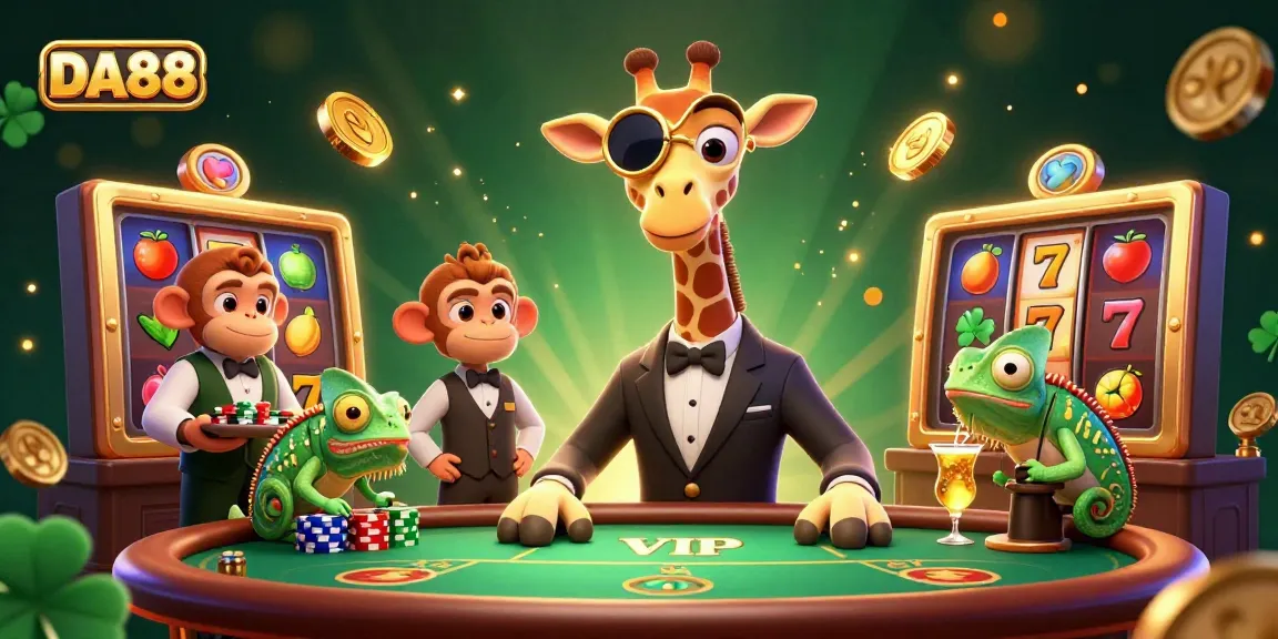 DA88 high-roller giraffe playing slots with monkey valet and chameleon bartender, vibrant casino scene