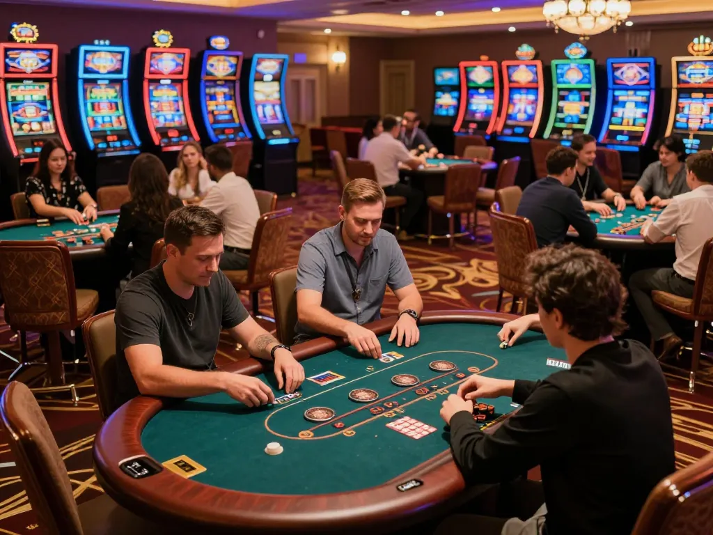 Players engaging at the HELLO88 casino tables, showcasing vibrant gaming action and excitement