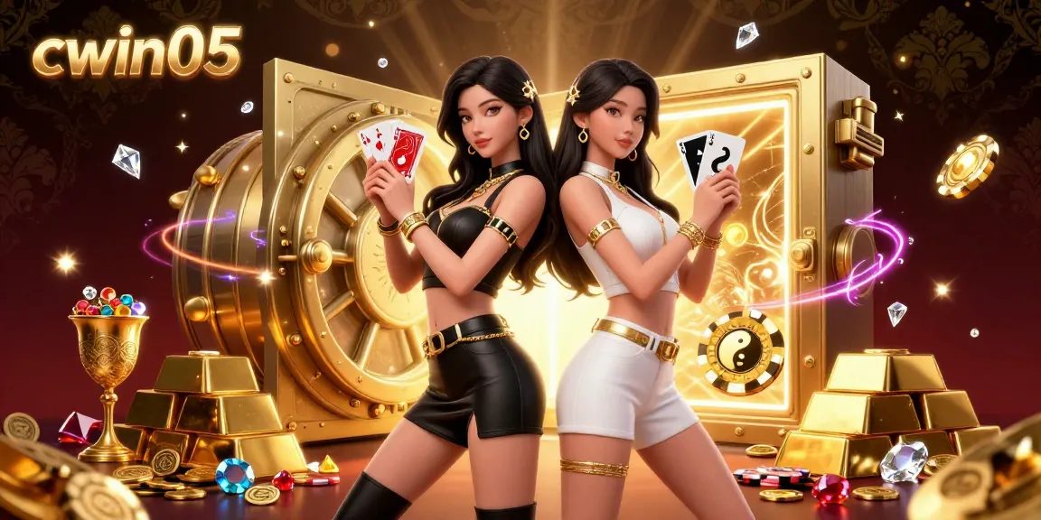 Play cards at cwin05 with stylish twin Asian women in a vibrant casino environment.