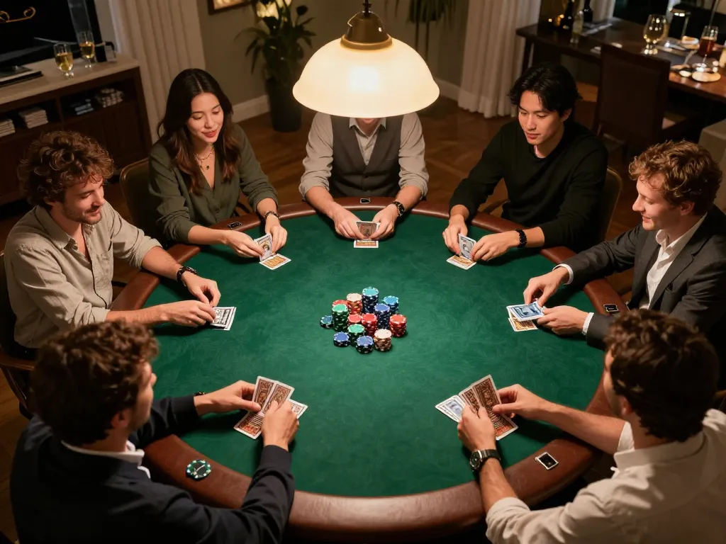 xx88 strategic poker night with friends around a green felt table, vibrant chips and cards in play