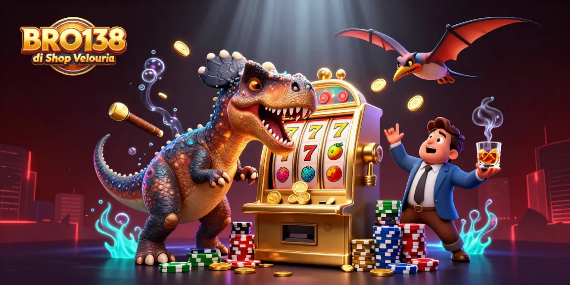 BRO138 di Shop Velouria exemplifies excitement, showcasing cartoon dinosaurs in a vibrant casino scene, celebrating jackpot wins.
