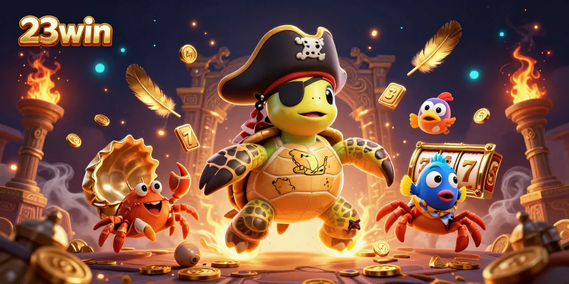 Engage with 23win's vibrant slot games featuring a pirate turtle, treasure, and golden tokens.