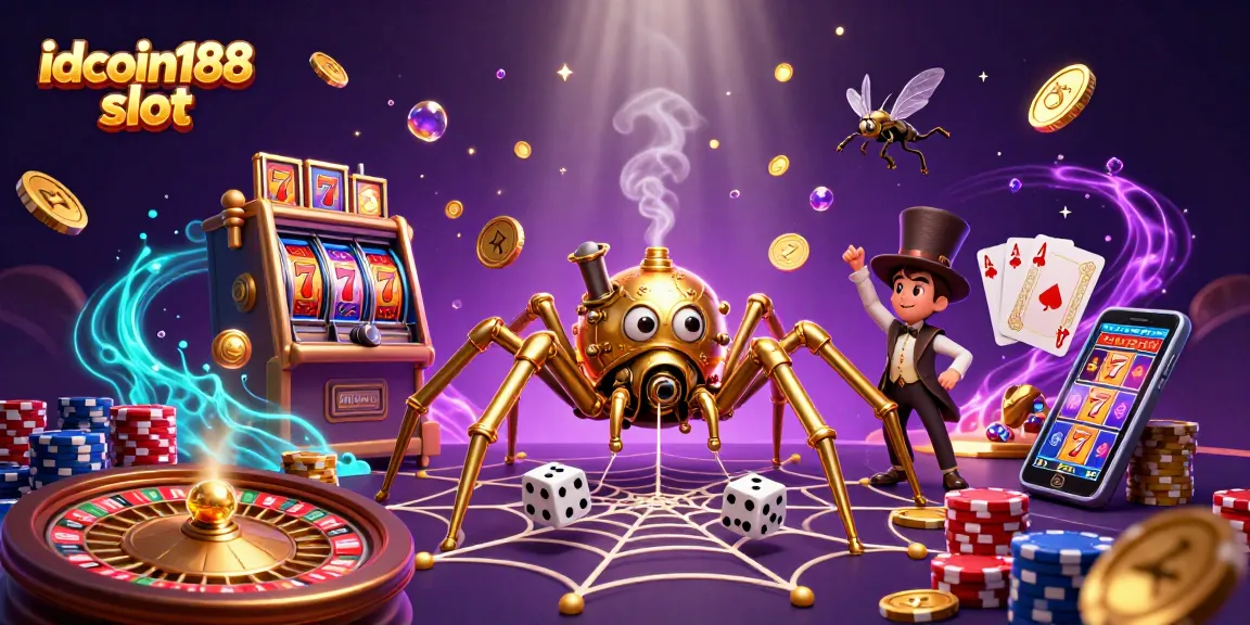 Experience the thrill at idcoin188 slot with a captivating 3D illustration of golden spider and dynamic game elements.