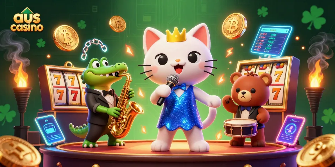 Play exciting games at aus casino, showcasing a lively 3D scene with jazz-singer cat, crocodile, and bear cub.