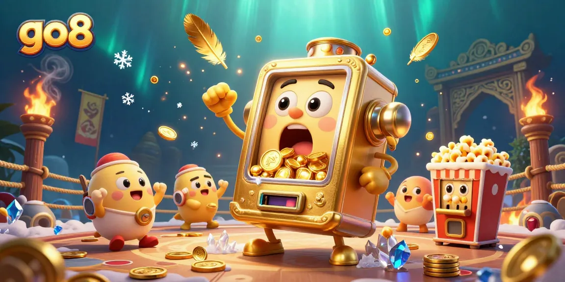 Experience thrilling moments at go8 as the golden slot machine hits the jackpot, coins pouring out amidst vibrant casino elements.