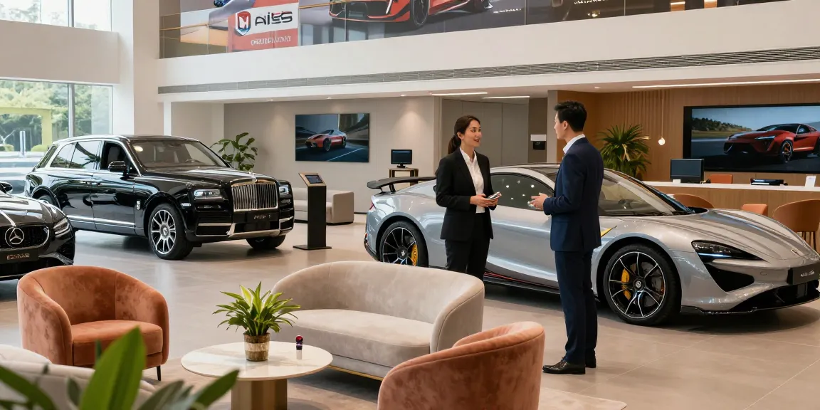 Showroom mobil mewah LUXURY 777 dengan penjual yang melayani pelanggan.