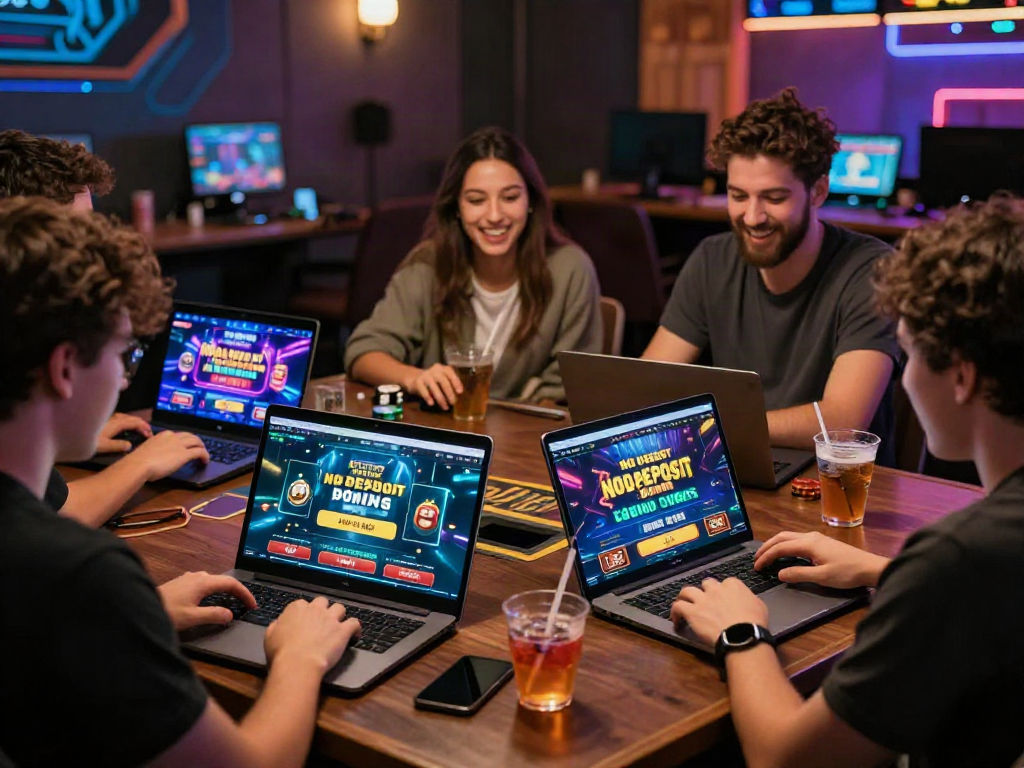 Engaging players exploring bonus sans depot casino offers on vibrant devices in a lively atmosphere.