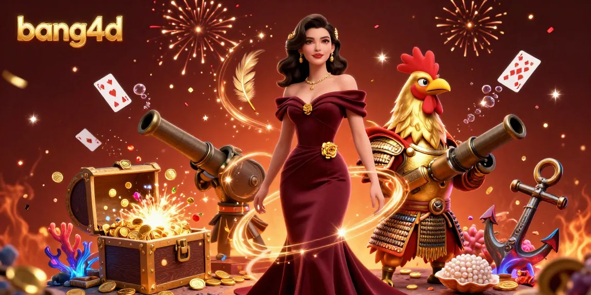 Experience thrilling gameplay with bang4d featuring a glamorous woman and a golden rooster warrior amidst vibrant casino elements.