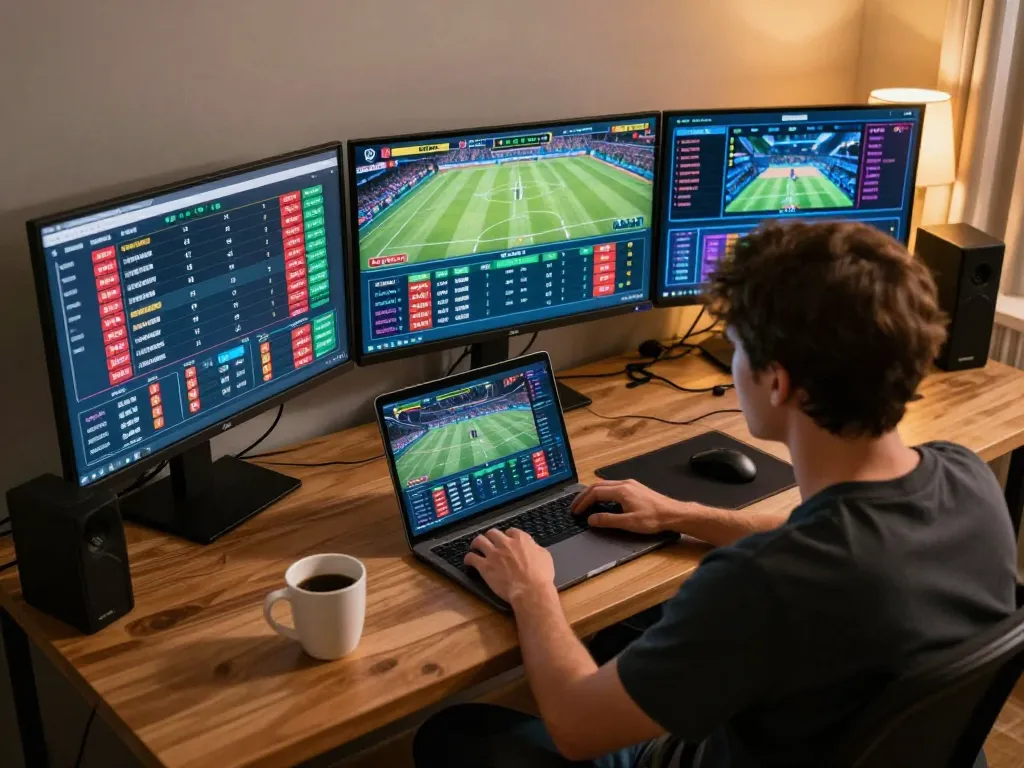 Person engaging in sports betting on gg88com at a home desk, with live odds displayed.