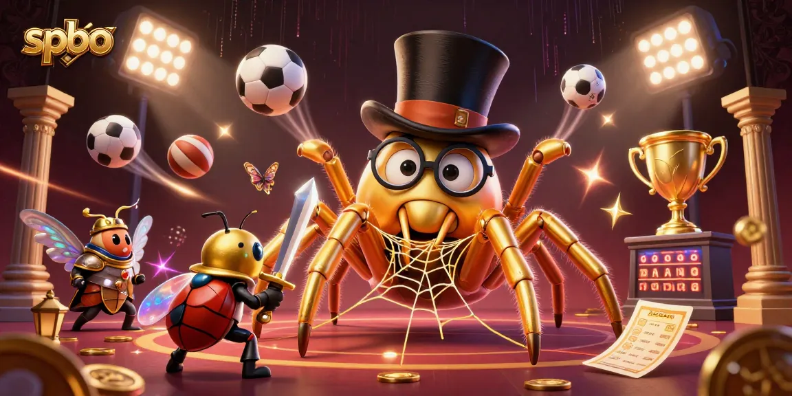 Bet and win at spbo in this exciting scene featuring a giant golden tarantula weaving a web amidst sports balls and trophies.