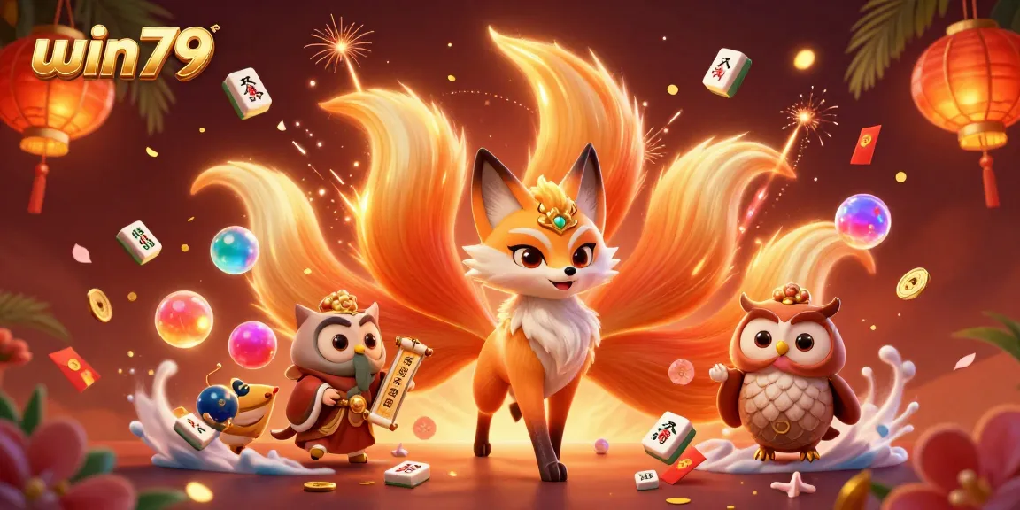 Experience vibrant win79 gameplay with a nine-tailed fox, glowing colors, and dynamic casino elements.