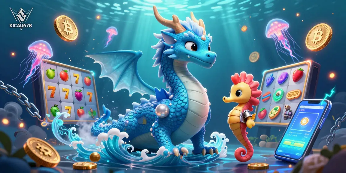 KICAU678 engages with thrilling slot game elements while a mighty dragon and a knight explore an underwater realm.