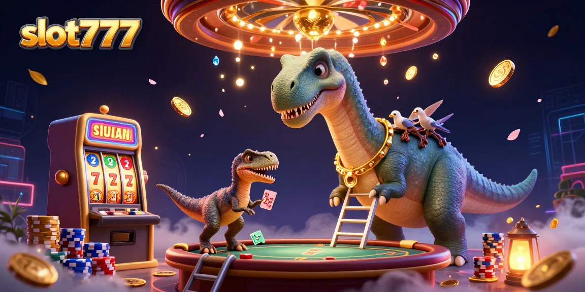 Experience excitement at slot777 with this dynamic casino scene featuring a dinosaur and vibrant game elements.