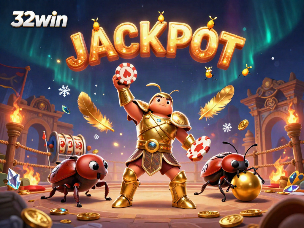 32win jackpot scene with a hero beetle and vibrant casino elements