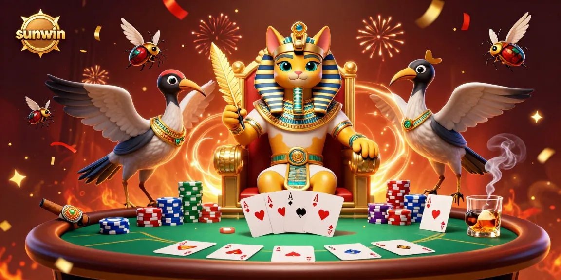 Experience excitement with sunwin as an Egyptian pharaoh cat leads a thrilling poker adventure.