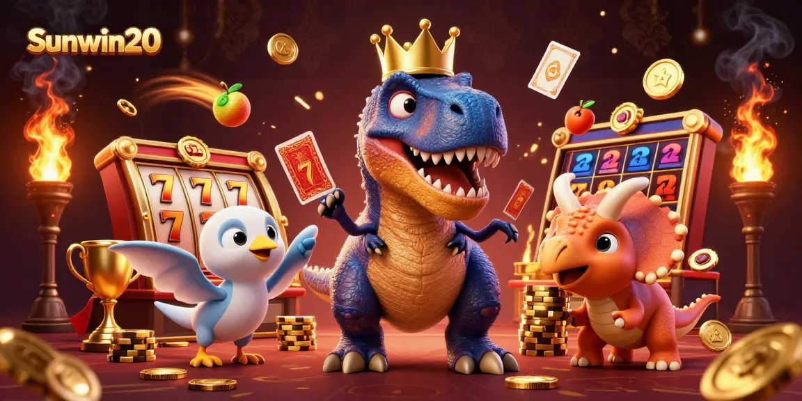 Experience the thrills of Sunwin20 as a T-Rex shuffles cards with fun elements like slots and jackpots!