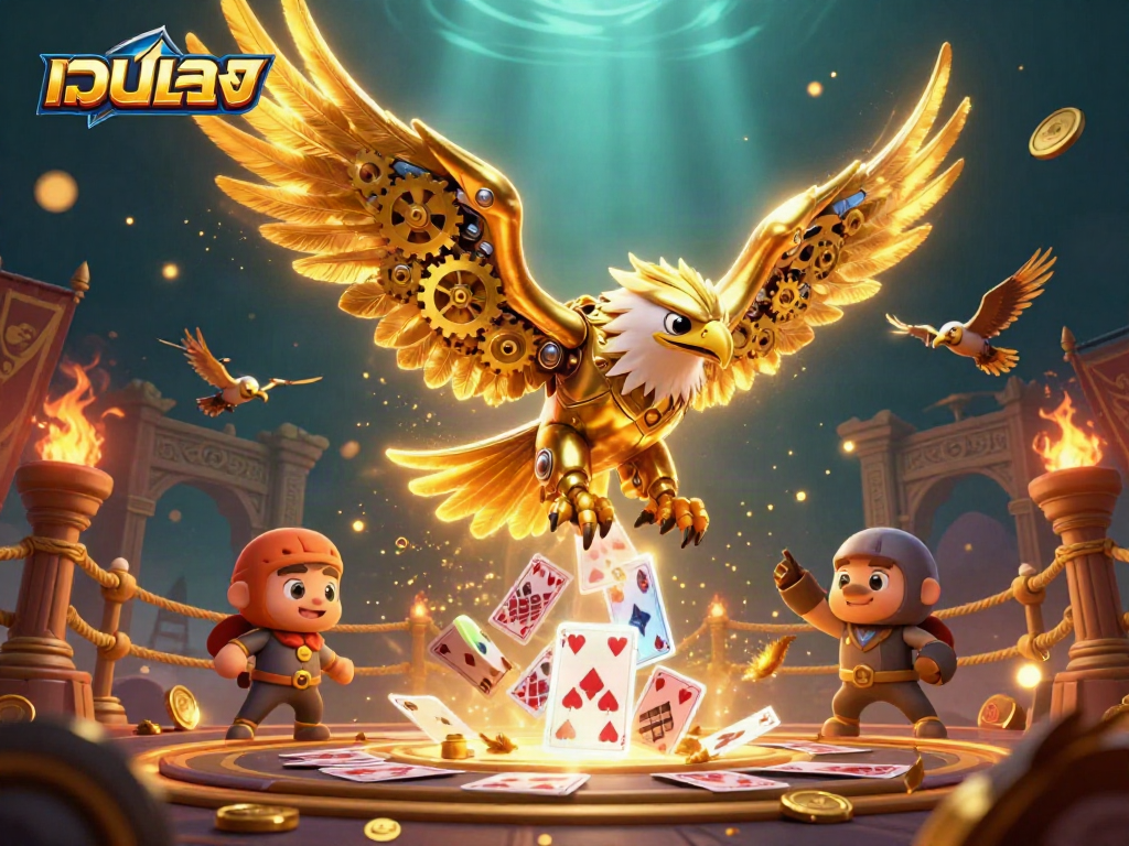 Experience epic wins with เว็บตรง as a cybernetic eagle dives through holographic cards in this vibrant casino scene.