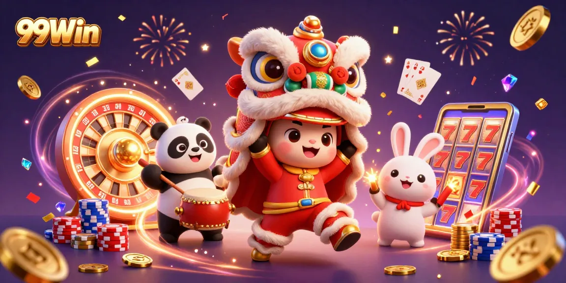 Experience thrilling casino action with 99Win's vibrant lion dance and lively gambling elements.