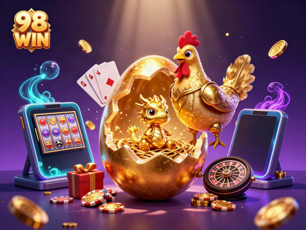 Experience the thrilling magic of 98 WIN with a golden dragon, poker chips, and vibrant gaming elements.