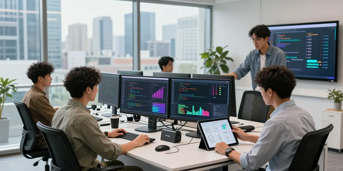 A diverse team collaborating at the WPS Official Website software development office, showcasing productivity and innovation.