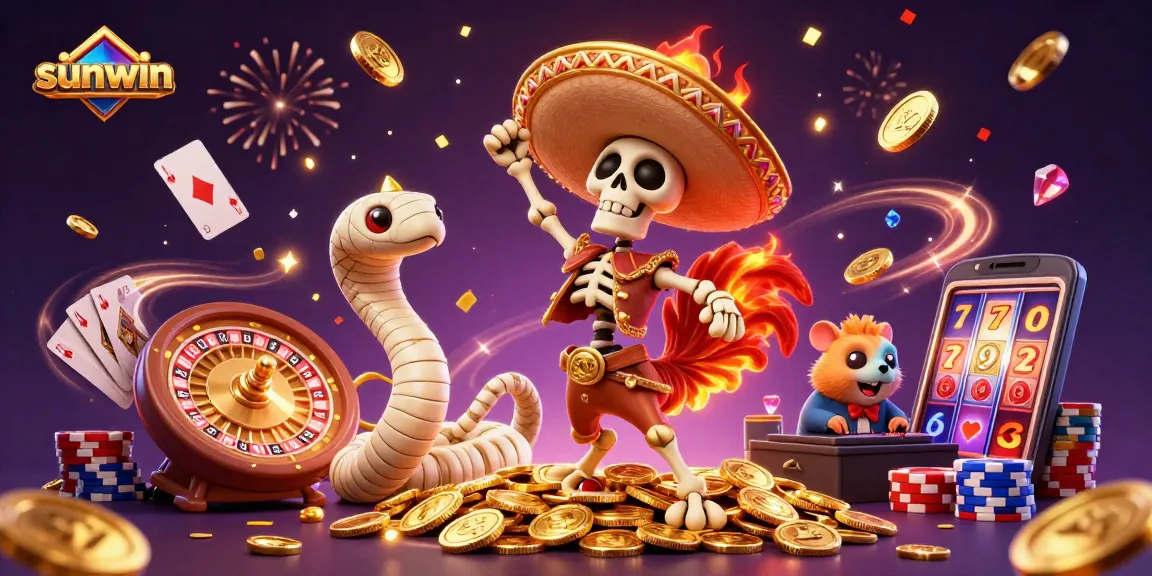 Experience the thrill of sunwin with a dynamic casino scene featuring happy characters and vibrant game elements.