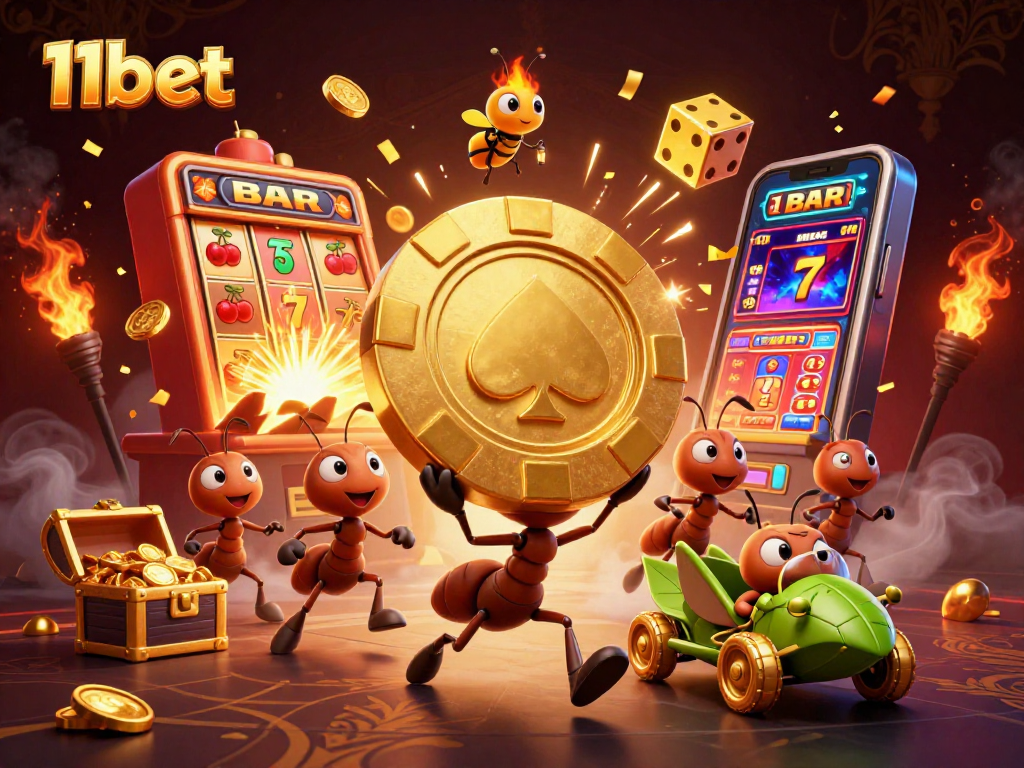 Engage in thrilling gaming adventures with 11bet as ants joyfully transport a gigantic poker chip amidst casino symbols.