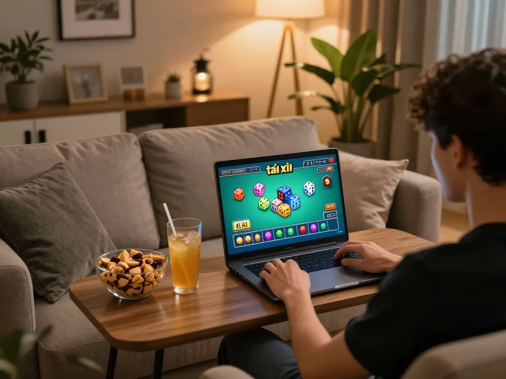 Enjoy playing game tài xỉu online with a dynamic laptop and colorful dice on screen