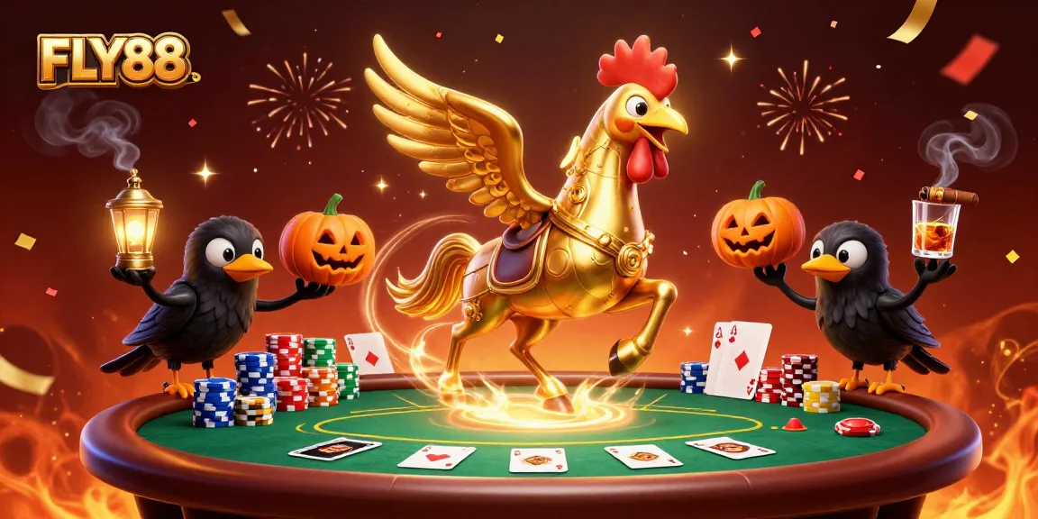 Engage in exciting gameplay at FLY88, featuring a golden rooster and poker elements in a vibrant casino scene.