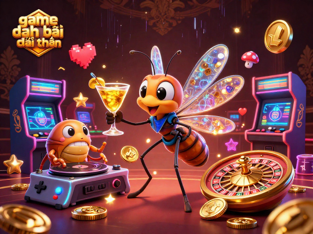 Engage in game đánh bài đổi thưởng with a vibrant 3D casino scene featuring animated characters and glowing game elements.