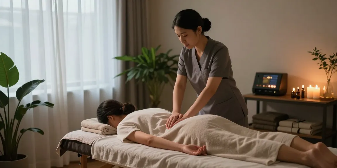 대전마사지 전문 스웨디시 마사지 장면, 아로마오일과 식물들이 있는 편안한 치료실