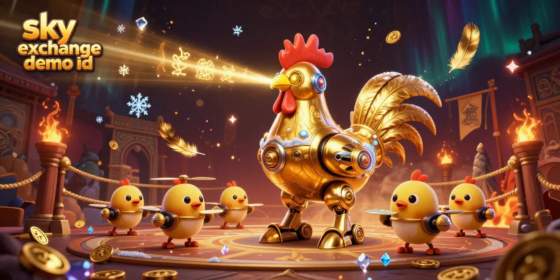 Engage with the dynamic sky exchange demo id gaming scene featuring a golden rooster robot and baby chick drones.
