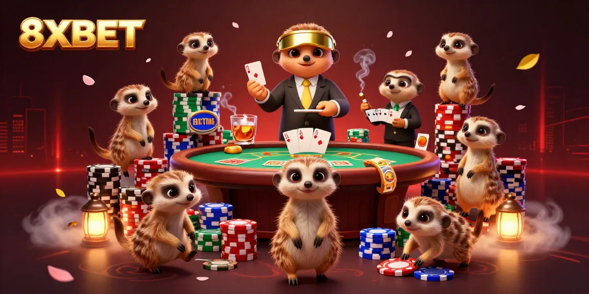 Experience thrilling gaming at 8XBET with meerkats in a dynamic casino setting filled with poker action.