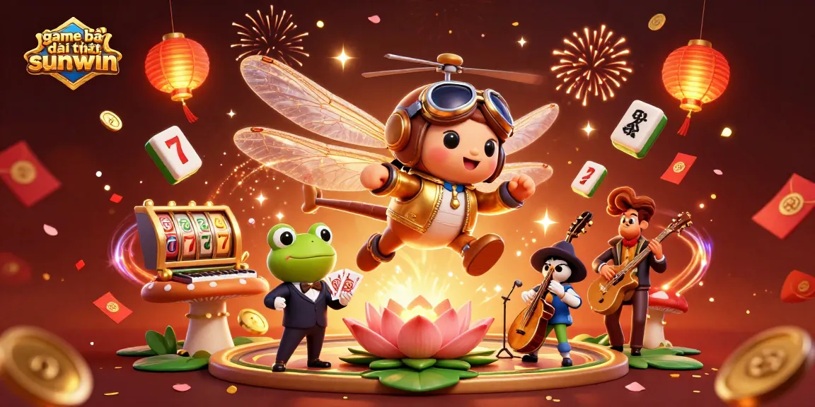 Engage with game bài đổi thưởng sunwin at a vibrant lily pad casino featuring a dragonfly pilot.